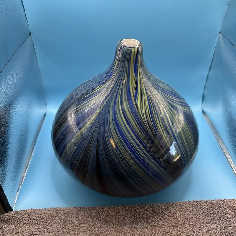Murano Style Vase Large 10 Inch Onion Swirl Blue Green Black Hand Blown MCM